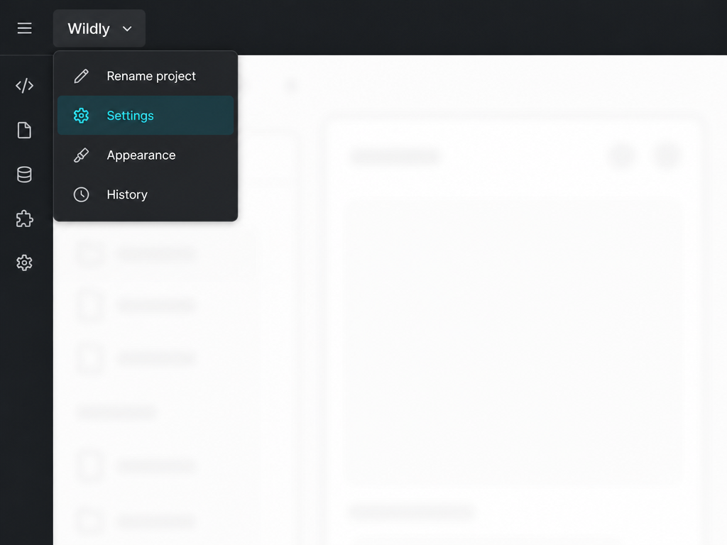 Screenshot showing the project name dropdown with Settings highlighted