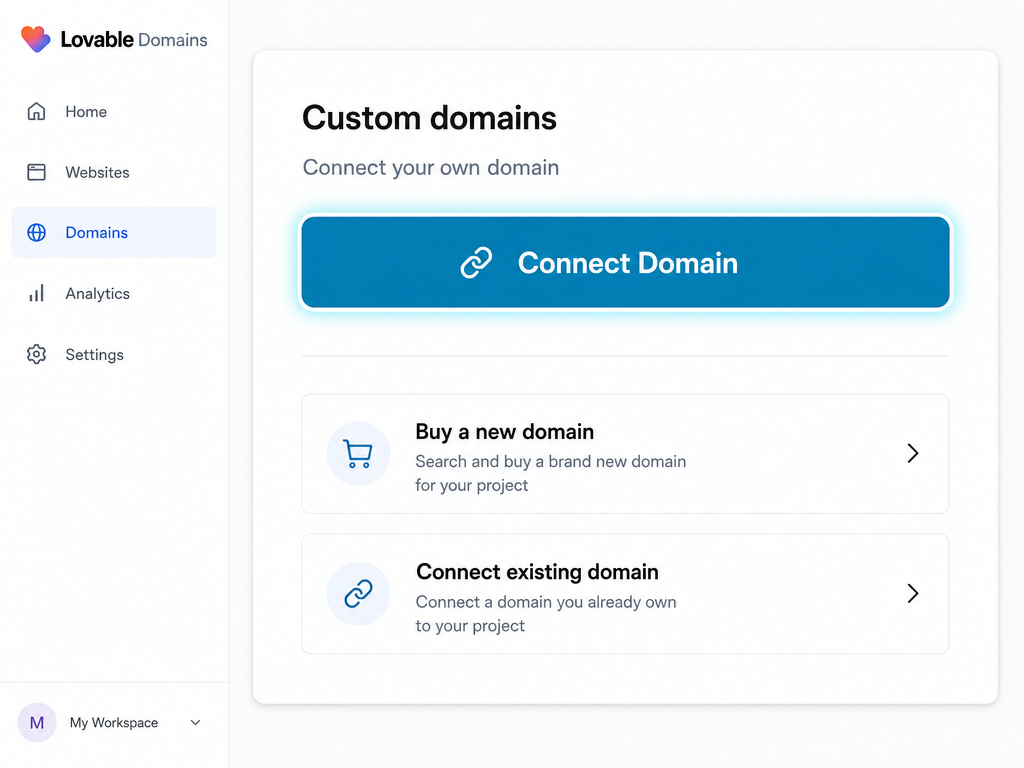 Screenshot showing the Domains page with Connect Domain button highlighted